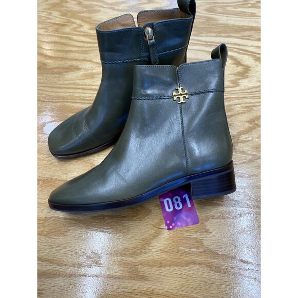Tory Burch Everly Bootie  6.5 Green Leather Side Zip Square Toe Flat Boots - Picture 1 of 8